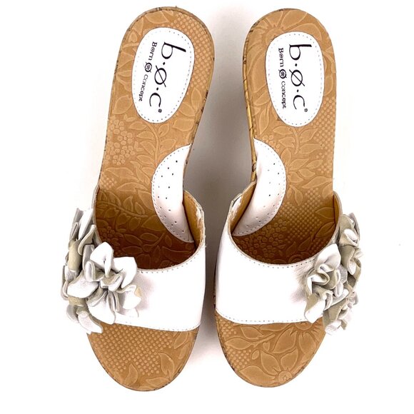 B.O.C. Born Manona White Leather Wedge Flower Sandals Cork Heel Size 7M - Picture 3 of 12
